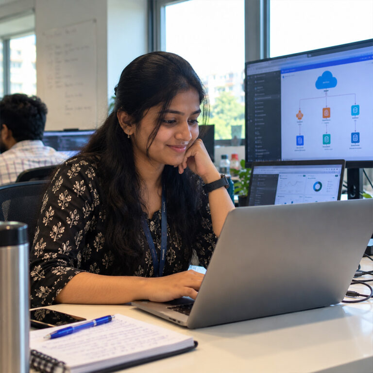Student learning cloud computing on a laptop at ScholarLogic, Bangalore