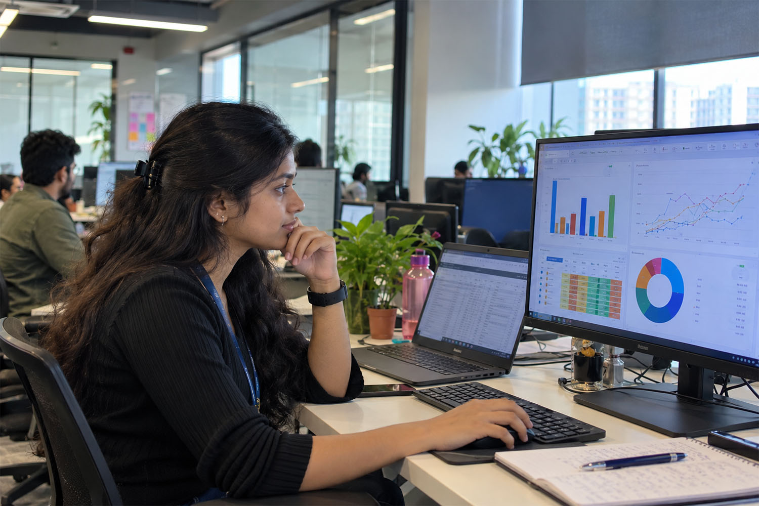Student building data dashboards in the Data Analytics course at ScholarLogic, Bangalore