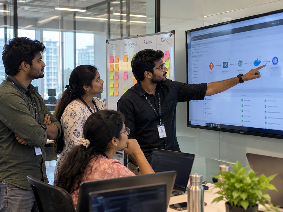 Students and trainer reviewing a DevOps task board at ScholarLogic, Bangalore