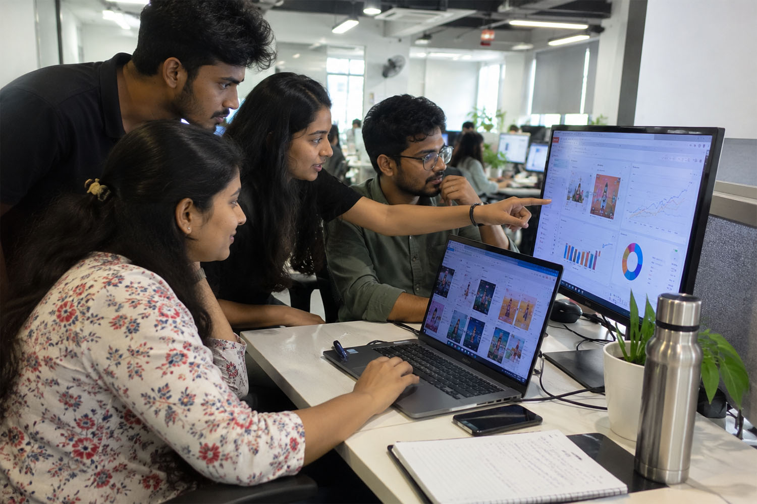 Students reviewing social media and ad analytics in the Digital Marketing course at ScholarLogic, Bangalore