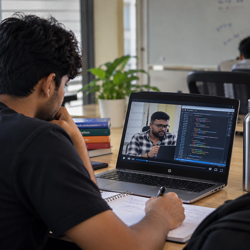 Student watching a recorded ScholarLogic class on a laptop