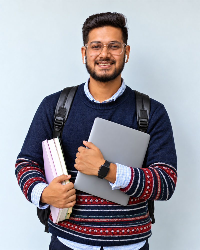 Smiling ScholarLogic student holding books and a laptop