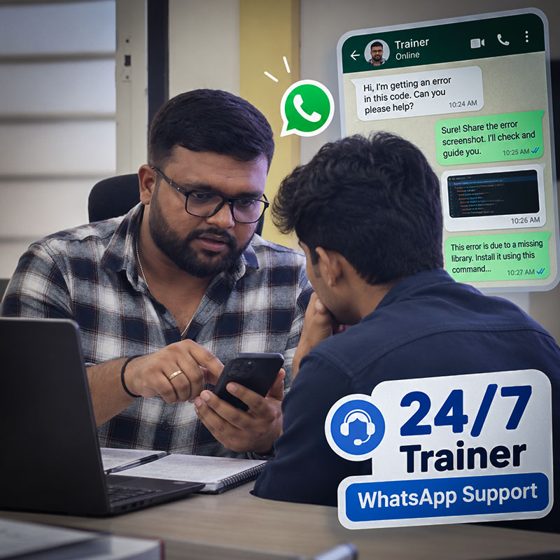 Students getting 24/7 trainer support on WhatsApp at ScholarLogic