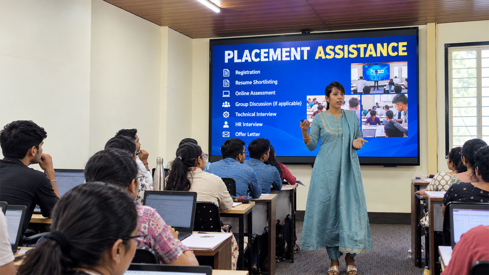 Trainer presenting the training and placement programs to students at ScholarLogic